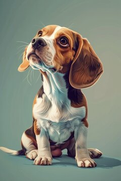 A Friendly Beagle With Brown And White Fur Is Sitting On Top Of A Blue Floor. The Dog Is Looking Up And Wagging Its Tail