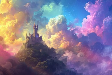 A majestic castle sits atop a hill, with clouds enveloping it in the sky. The castles turrets and walls stand out against the white backdrop of the clouds