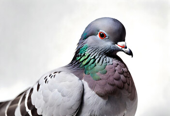 A close-up of a pigeon perched gracefully on a white background, its feathers ruffled by a gentle breeze, capturing the bird's elegant demeanor - obrazy, fototapety, plakaty