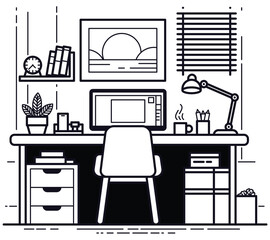 Thin line flat design of creative workspace, working from home, modern desk with display, stylish picture on wall for room interior. Modern vector illustration concept, black and white