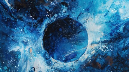 A vibrant blue abstract painting reminiscent of cosmic space and celestial bodies