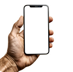 40 year old man holding a smart cell phone in his hand on a transparent background PNG - easy modification