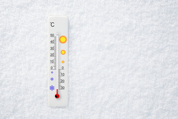 White celsius scale thermometer in snow. Ambient temperature minus 30 degrees celsius - obrazy, fototapety, plakaty