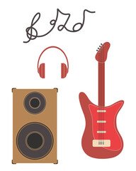 illustration of musical instruments. speakers, guitar, headphones