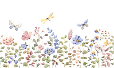 Floral seamless border with abstract wildflowers, plants, butterflies and dragonfly blue, pink and green colors. Watercolor isolated illustration, horizontal wildlife background.