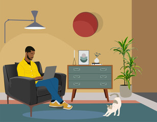 Black Business man, entrepreneur sitting on armchair with laptop computer in comfortable living room. African american guy freelancer working from home. Self employed and remote work concept. Vector.