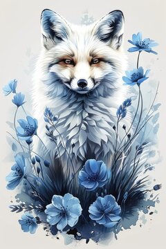 A painting of a white fox surrounded by blue flowers