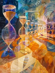 An abstract representation of the passage of time, with shimmering hourglasses  - obrazy, fototapety, plakaty