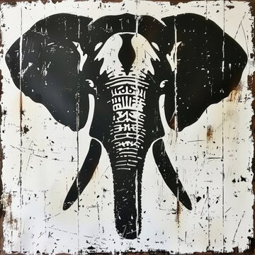 A black and white picture of an elephant, cracked distressed white texture