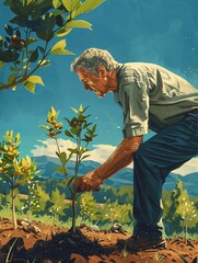 Fototapeta premium An individual exuding optimism while planting trees in a community garden, under a clear blue sky