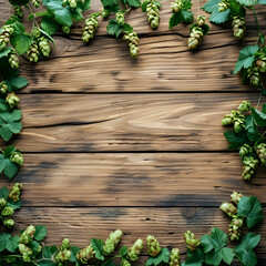 Wooden texture with hops plant  top view,