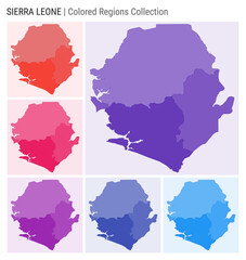 Sierra Leone map collection. Country shape with colored regions. Deep Purple, Red, Pink, Purple, Indigo, Blue color palettes. Border of Sierra Leone with provinces for your infographic.