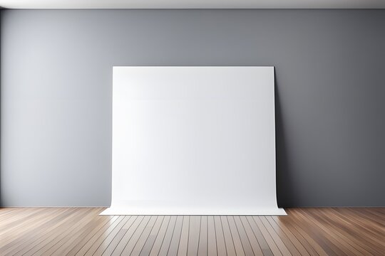 A white door is standing in a room with a grey wall