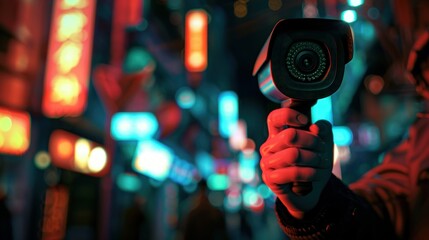 3D illustration of reporter holding a security camera, night, direct view, crime prevention focus  , up32K HD - obrazy, fototapety, plakaty