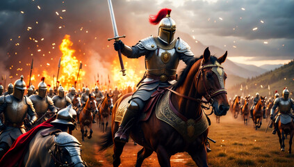 A knight goes into battle with his army - obrazy, fototapety, plakaty