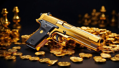 A gold revolver with gold coins