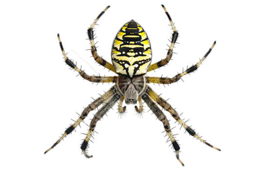Wasp spider viewed from up high, Argiope bruennichi, isolated on transparent 