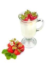 Glass with strawberry smoothie and strawberry fruit isolated on white. Collage. Vertical photo