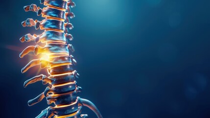 Spine bone structure human anatomy with light on dark blue background. AI generated image - obrazy, fototapety, plakaty