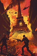 A painting depicting a man holding a gun in front of the iconic Eiffel Tower. The scene captures the tension and danger of a potential attack on a cultural landmark