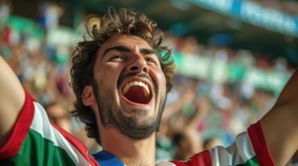 A happy fan at a public event in a stadium, holding an Italian flag with a smile and making a gesture, while enjoying the fun and leisure with a cheering crowd. AIG41