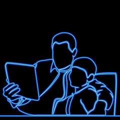 Father and son are using a tablet icon neon glow vector illustration concept
