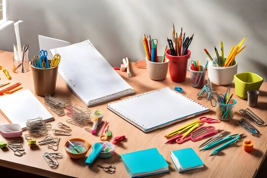 A desk with a lot of office supplies including a notebook, scissors, pens