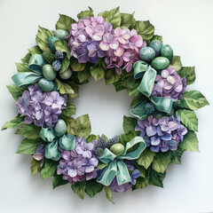 Elegant watercolor wreath with hydrangea flowers and Easter eggs, holiday floral concept - 764240188
