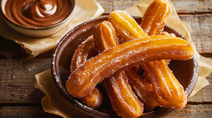 Pile of freshly made deep fried churros sweet pastry traditional for Spain Portugal Latin America with hot chocolate