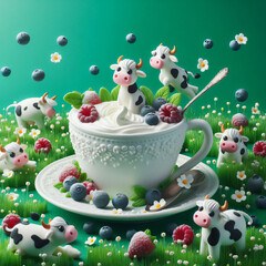 cup of yoghurt with berries and cows