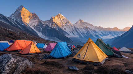 Vibrant tents pitched at a high-altitude base camp offer a colorful foreground against the stunning backdrop of snow-capped peaks kissed by the last rays of the sun - obrazy, fototapety, plakaty