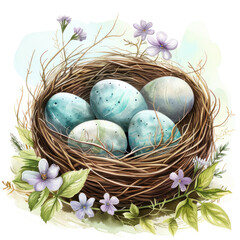 Happy Easter background with eggs in basket, spring flowers and copy space. Greeting card - 764240575