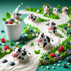yoghurt river with cows on green background