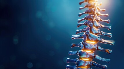 Spine bone structure human anatomy with light on dark blue background. AI generated image