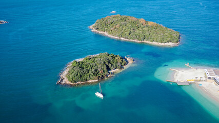 Aerial view of the beaches in Ksamil, Albania. Holidays on the beach with clear turquoise water....