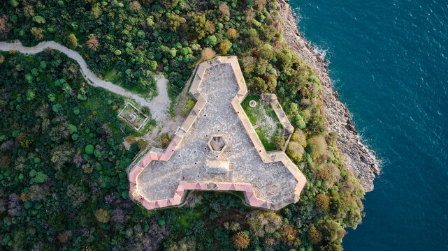 Aerial drone view of the Porto Palermo Castle in Albania. The castle is a significant monument located near the village of Himare in southern Albania.