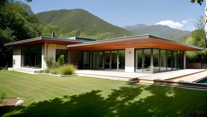 Modern house with large windows and flat roof against mountain backdrop. - obrazy, fototapety, plakaty