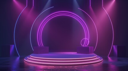Purple and pink podium display with blue line neon light background. AI generated image