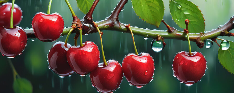 Close-up of cherry berries on a branch during a rainstorm