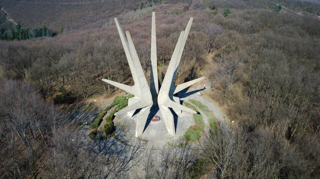 View of the Monument to the Fallen Soldiers of the Kosmaj Detachment, Serbia. Yugoslav monument commemorating the struggles of the partisan during World War 2.