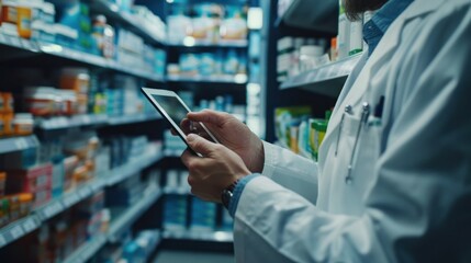 A pharmacist uses a tablet to check the inventory of a pharmacy.