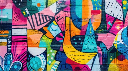 A striking graffiti mural captures the essence of urban art with a bold depiction of colorful,...