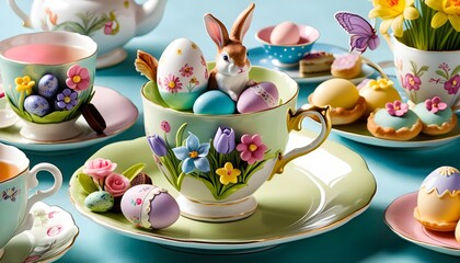Easter-themed tea set with painted eggs, spring flowers, and bunny decorations on a pastel blue...