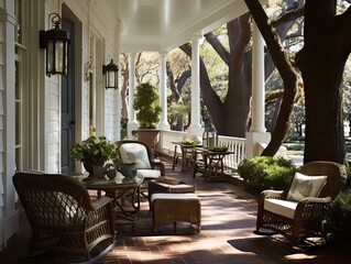 Cozy English-style veranda with flower arrangements and garden furniture.
Concept: home design and landscape design, goods for home and garden, magazines about landscaping and interiors