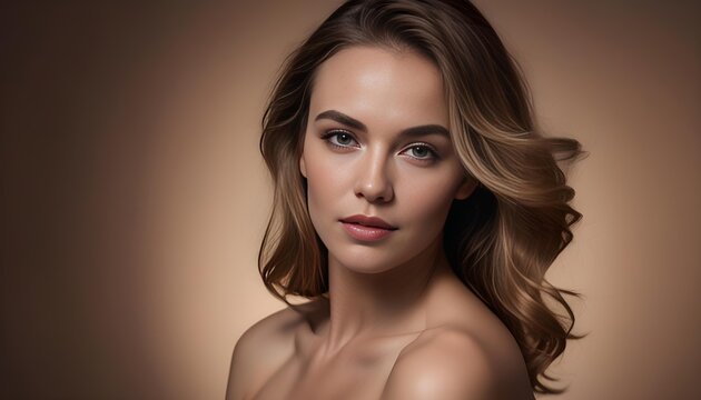 Elegant woman with flowing hair and natural makeup on a beige background, exuding grace and confidence.