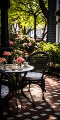 Fototapeta premium Cozy English-style veranda with flower arrangements and garden furniture. Concept: home design and landscape design, goods for home and garden, magazines about landscaping and interiors
