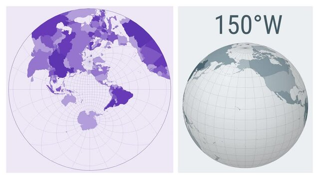 World Map Animation. Stereographic. Colored countries style. Animated world map in Stereographic projection. Loopable animation showing longitude shift and matching globe.