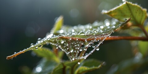 Close-up view of morning dew on a spider web, generative AI