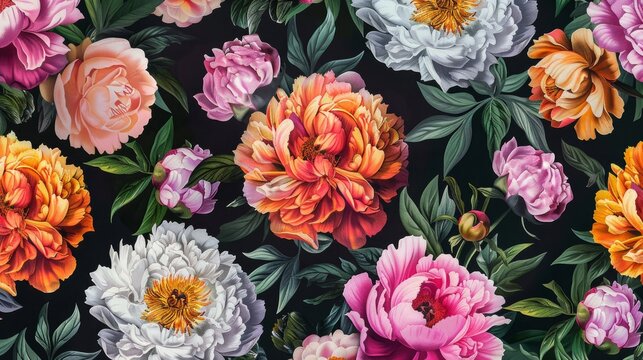 Floral pattern with colorful peonies on a black background. Perfect for fabrics, wallpapers, and other decorative items. Vintage style.