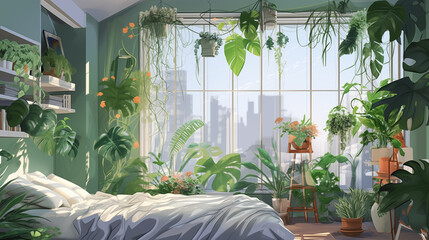 Quarto de dormir com plantas tropicais - Ilustração